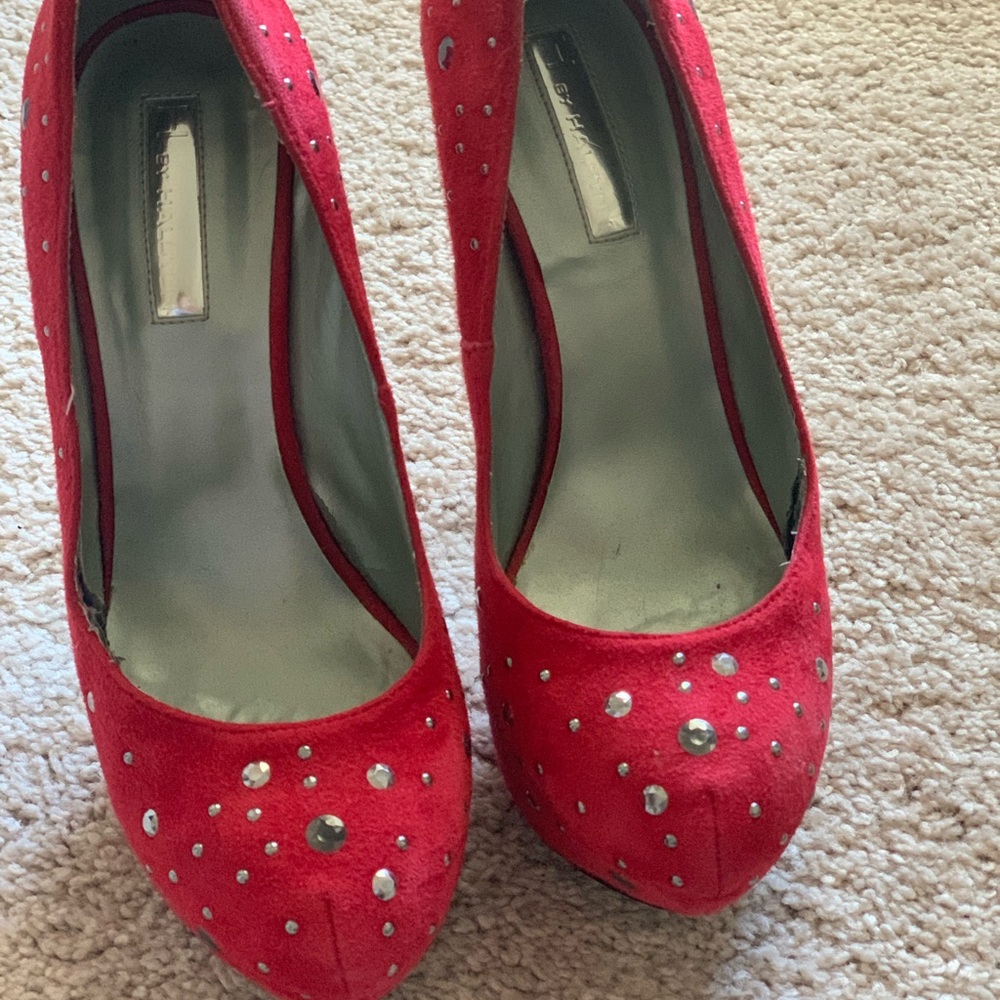H By Halston Red Suede Studded Platform Heels